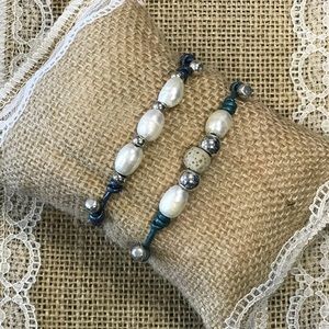 handmade leather and pearl bracelets set of 2